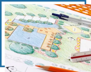 blue prints illustrating new irrigation designs and land installation by Mow Pros. Landscaping design.